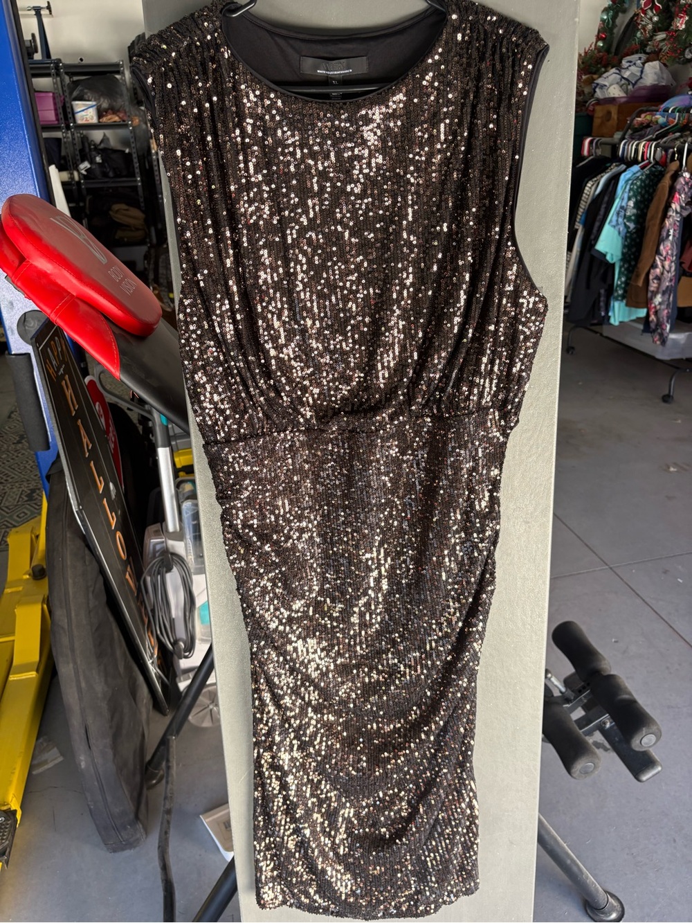 White House Black Market Womens Sequin Ruched Midi Sheath Dress XL Gunmetal NWT
